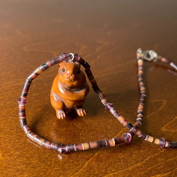 Unique Vintage Jewelry - Handcarved Netsuke cute wooden rabbit on a beaded choker necklace, very unique